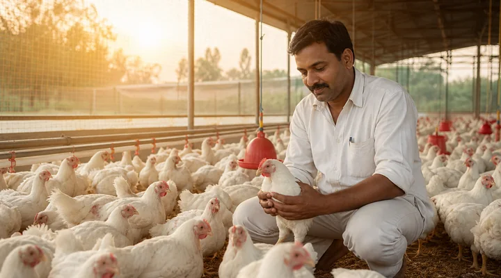 Poultry farmer caring for healthy birds