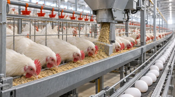 White layer hens eating from an automated feed trough