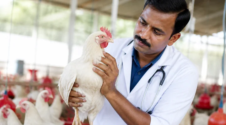 Veterinarian examining a chicken