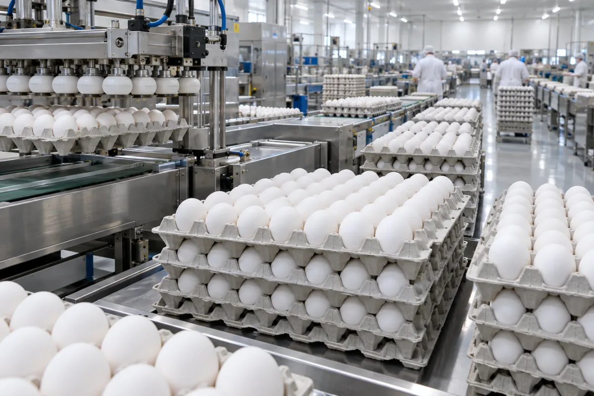White eggs arranged into trays in a hygienic automated packing facility