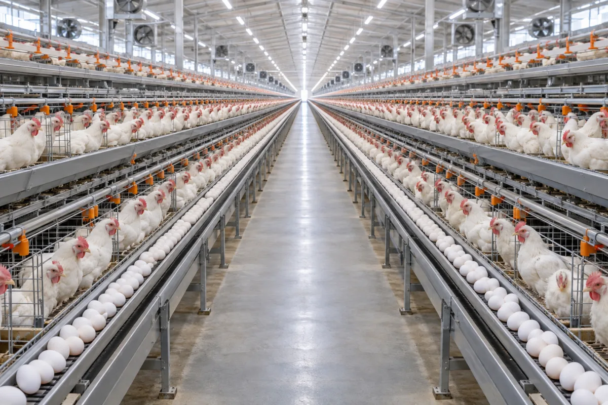 Long rows of white layer hens with automated white-egg collection belts